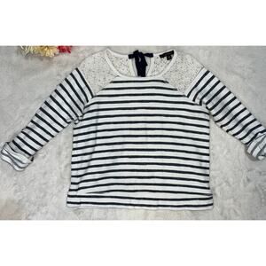 Fever Striped Long Sleeve Knit Top Lace Yoke Casual Nautical Size Medium